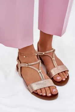 Damskie Płaskie Sandały Z Paskami S.Barski KV51-120 Różowe Złoto