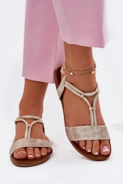 Damskie Płaskie Sandały Z Paskami S.Barski KV51-120 Złote