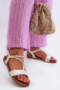 Damskie Płaskie Sandały Z Paskami S.Barski KV27-010 Biało-Srebrne