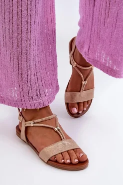 Damskie Płaskie Sandały Z Paskami S.Barski KV27-010 Beżowo-Złote