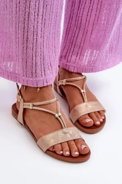 Damskie Płaskie Sandały Z Paskami S.Barski KV27-010 Beżowo-Złote