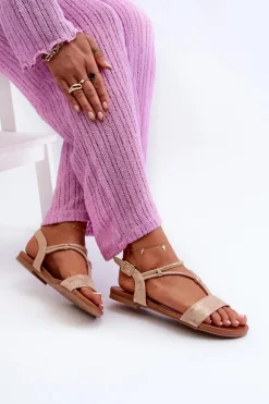 Damskie Płaskie Sandały Z Paskami S.Barski KV27-010 Beżowo-Złote