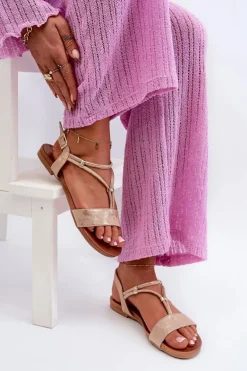 Damskie Płaskie Sandały Z Paskami S.Barski KV27-010 Beżowo-Złote