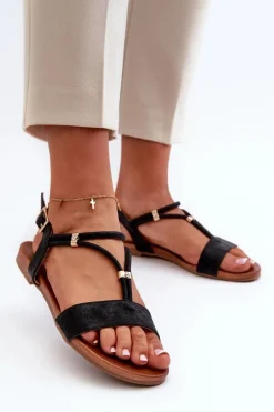 Damskie Płaskie Sandały Z Paskami S.Barski KV27-010 Czarne