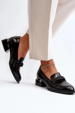 Damskie Półbuty Lakierowane Na Niskim Obcasie Czarne Marilni