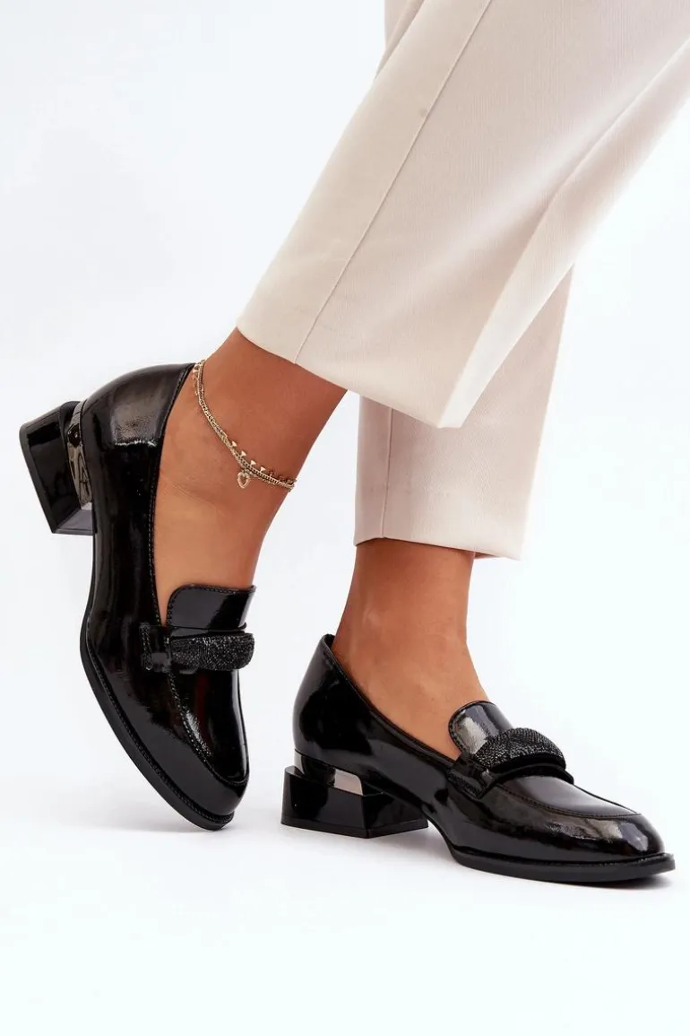 Damskie Półbuty Lakierowane Na Niskim Obcasie Czarne Marilni