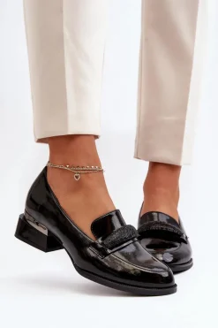 Damskie Półbuty Lakierowane Na Niskim Obcasie Czarne Marilni