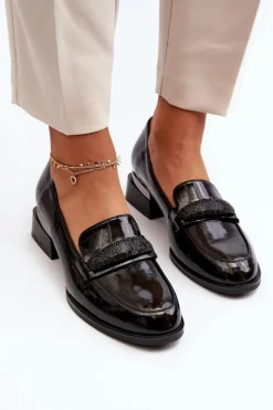 Damskie Półbuty Lakierowane Na Niskim Obcasie Czarne Marilni