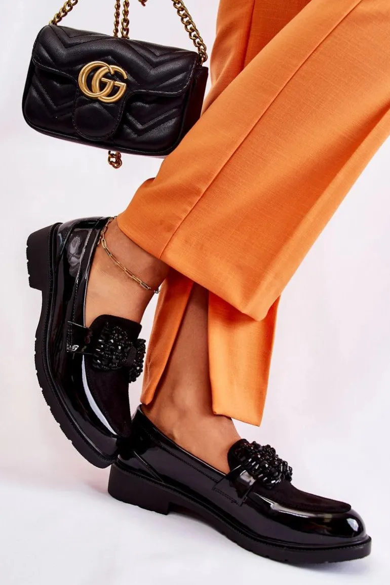 Damskie Półbuty Lakierowane Z Kokardą Czarne Laurent