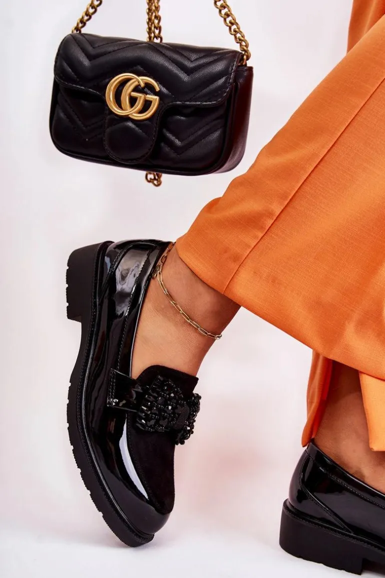 Damskie Półbuty Lakierowane Z Kokardą Czarne Laurent