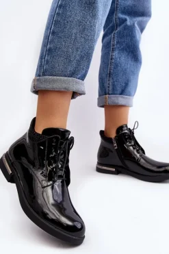 Damskie Półbuty Lakierowane Na Płaskim Obcasie Lu Boo Czarne