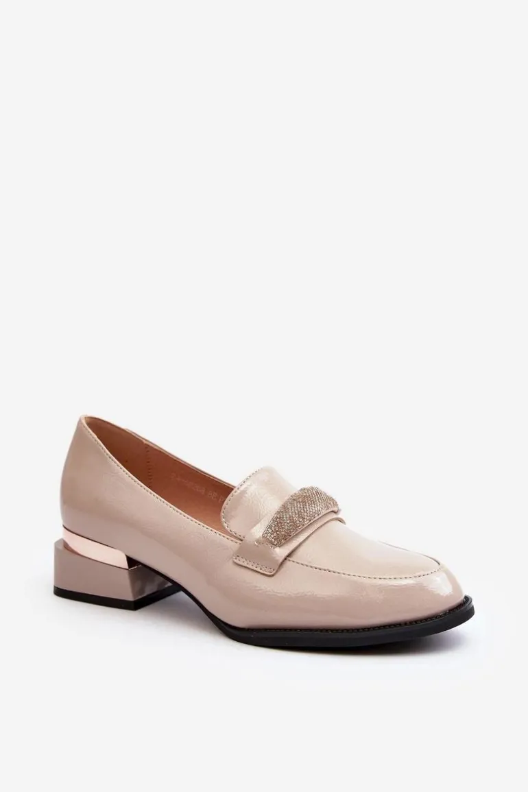 Damskie Półbuty Lakierowane Na Niskim Obcasie Beżowe Marilni
