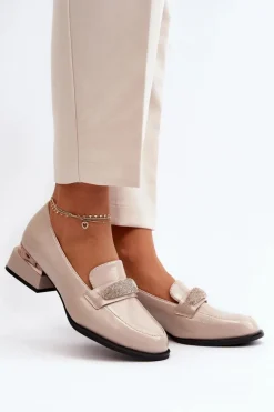 Damskie Półbuty Lakierowane Na Niskim Obcasie Beżowe Marilni