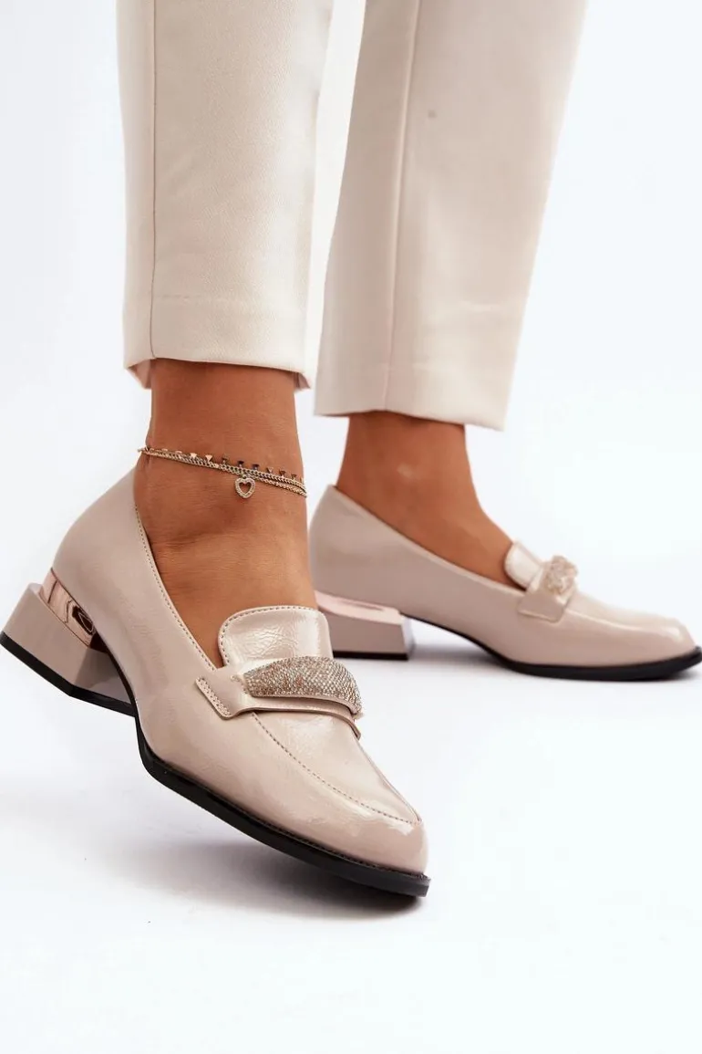 Damskie Półbuty Lakierowane Na Niskim Obcasie Beżowe Marilni