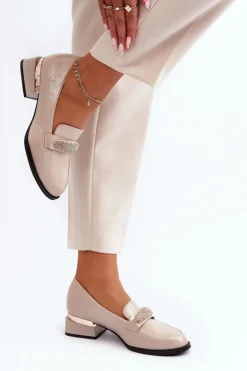 Damskie Półbuty Lakierowane Na Niskim Obcasie Beżowe Marilni