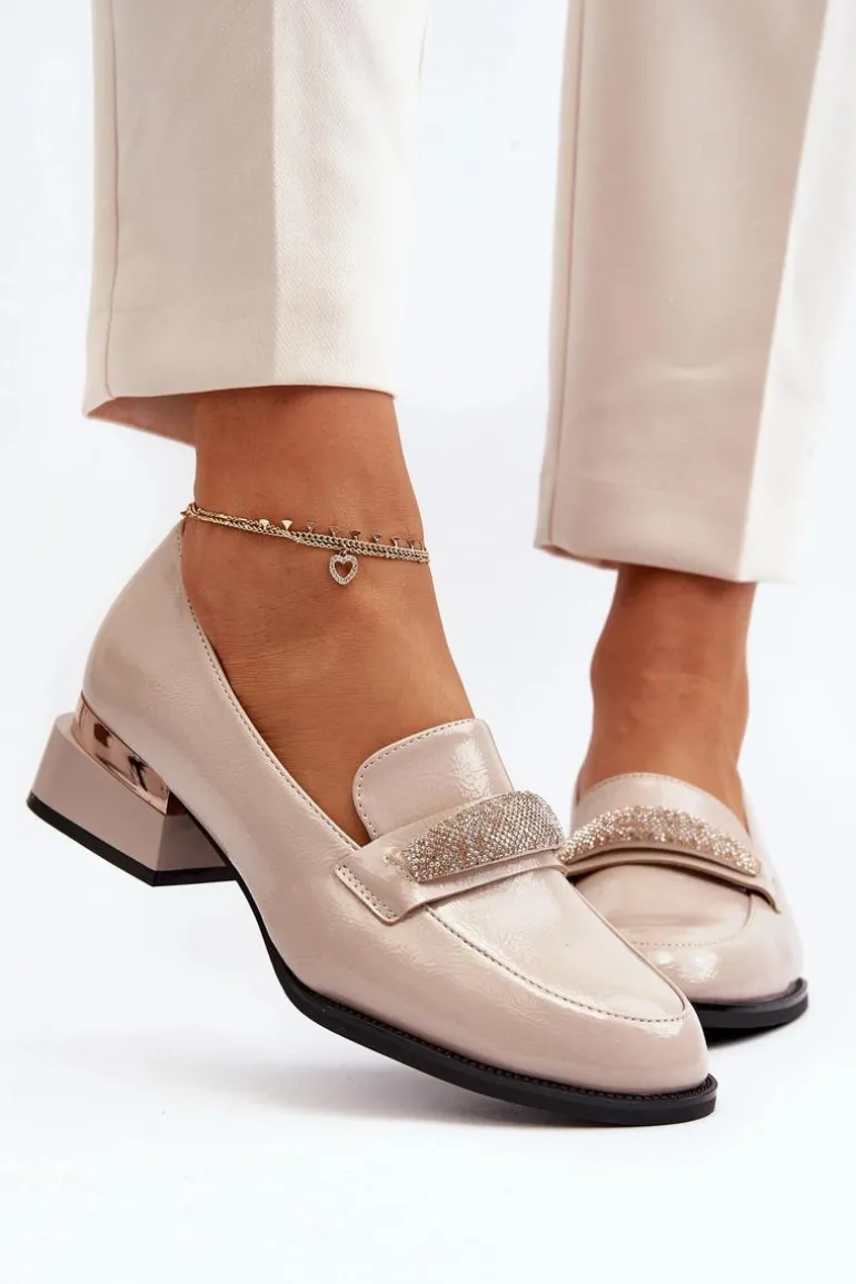 Damskie Półbuty Lakierowane Na Niskim Obcasie Beżowe Marilni
