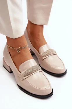 Damskie Półbuty Lakierowane Na Niskim Obcasie Beżowe Marilni