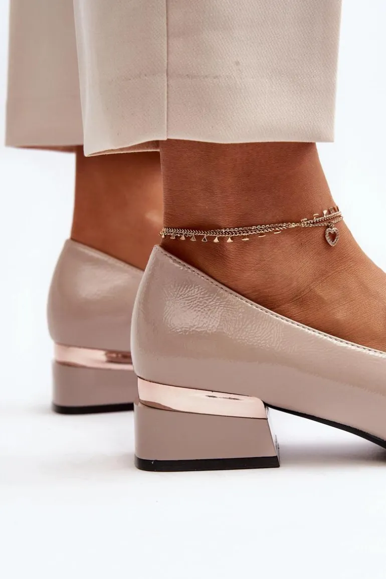 Damskie Półbuty Lakierowane Na Niskim Obcasie Beżowe Marilni
