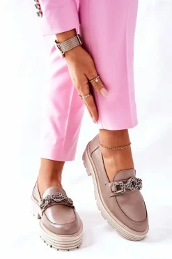 Damskie Półbuty Loafery Skórzane Ciemny Beż Laura Messi 2383