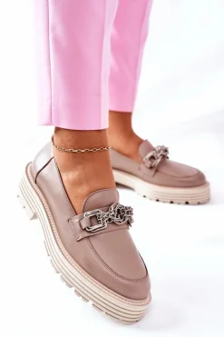 Damskie Półbuty Loafery Skórzane Ciemny Beż Laura Messi 2383