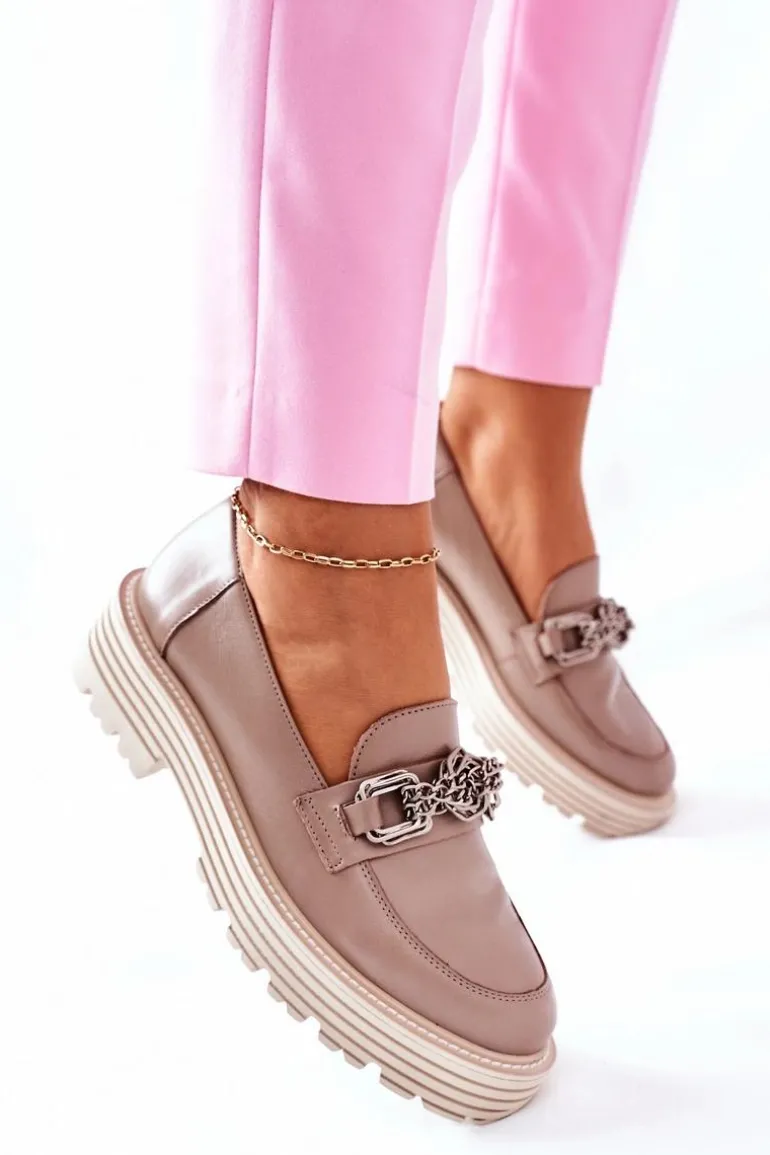 Damskie Półbuty Loafery Skórzane Ciemny Beż Laura Messi 2383