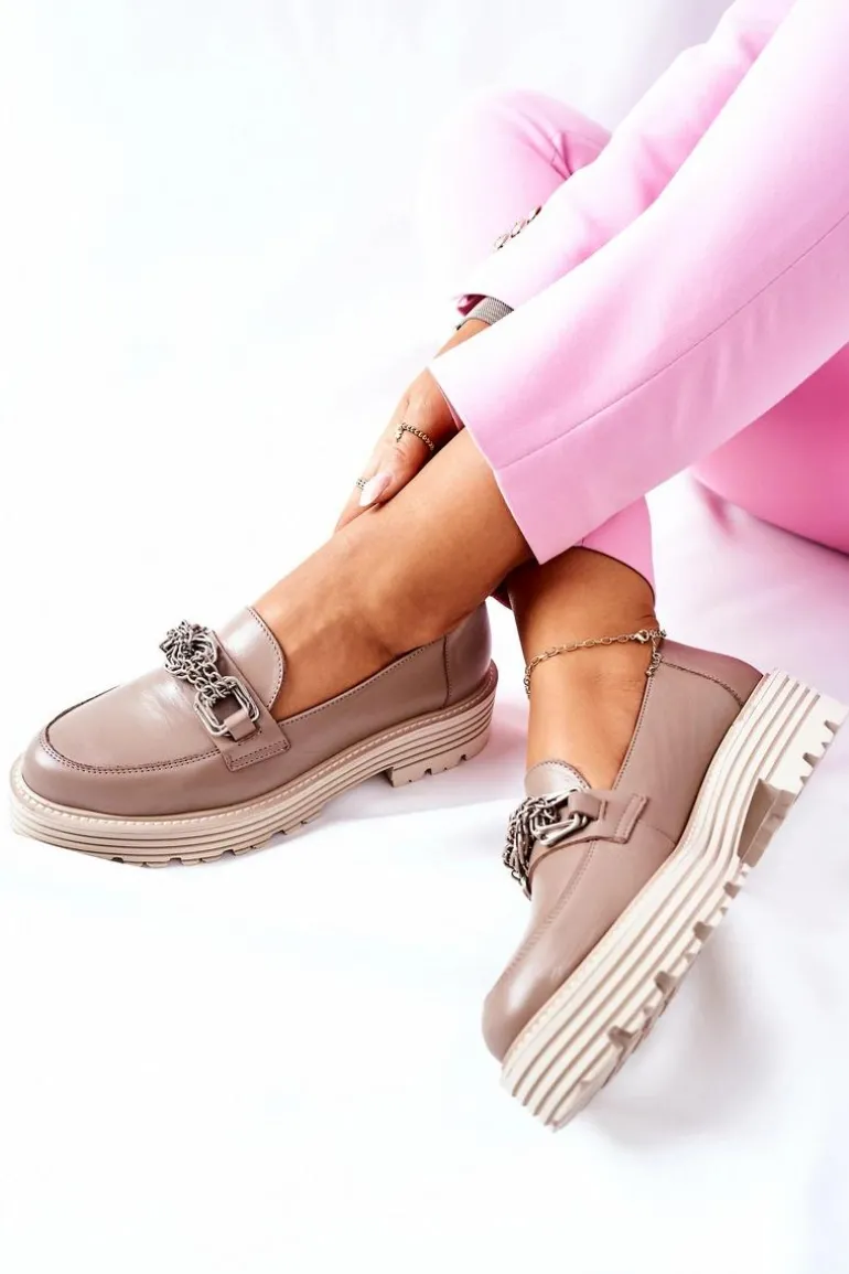 Damskie Półbuty Loafery Skórzane Ciemny Beż Laura Messi 2383