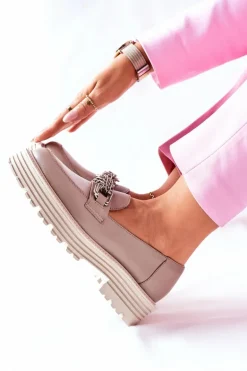 Damskie Półbuty Loafery Skórzane Ciemny Beż Laura Messi 2383