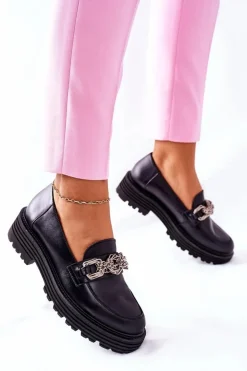 Damskie Półbuty Loafery Skórzane Czarne Laura Messi 2383