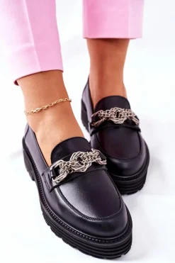 Damskie Półbuty Loafery Skórzane Czarne Laura Messi 2383