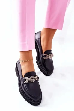 Damskie Półbuty Loafery Skórzane Czarne Laura Messi 2383