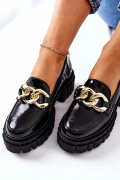 Damskie Półbuty Loafery Skórzane Czarne Laura Messi 2339