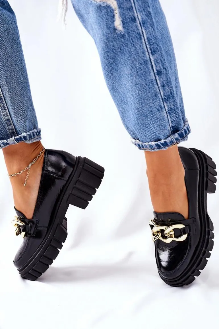 Damskie Półbuty Loafery Skórzane Czarne Laura Messi 2339