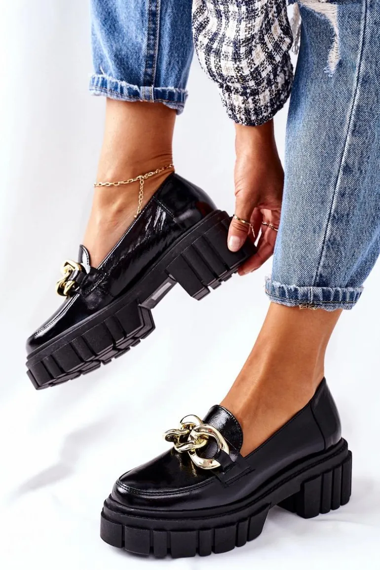 Damskie Półbuty Loafery Skórzane Czarne Laura Messi 2339