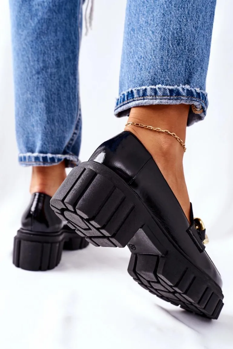 Damskie Półbuty Loafery Skórzane Czarne Laura Messi 2339