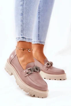 Damskie Półbuty Loafery Skórzane Ciemny Beż Laura Messi 2383