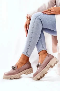 Damskie Półbuty Loafery Skórzane Ciemny Beż Laura Messi 2383