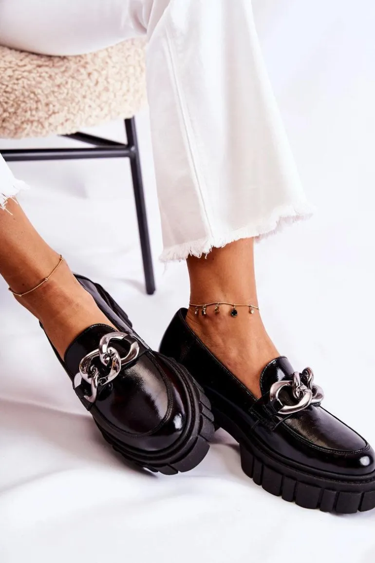 Damskie Półbuty Loafery Skórzane Czarno-Srebrne Laura Messi 2339