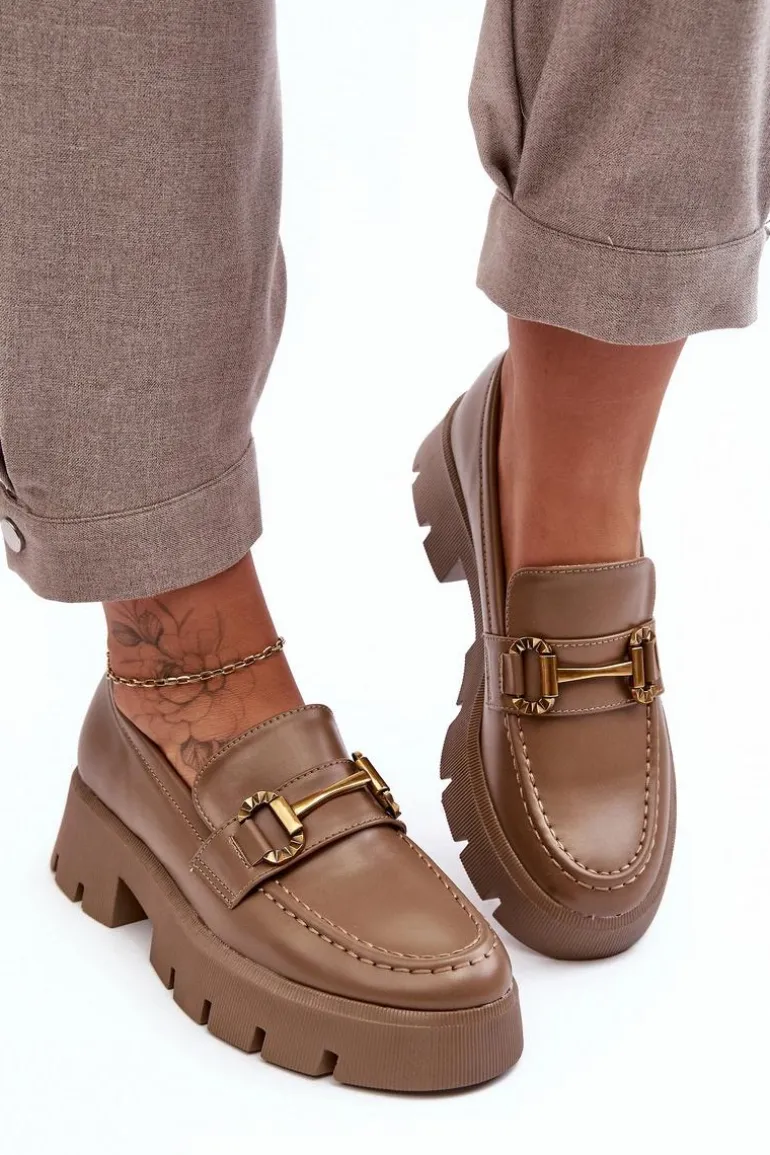 Damskie Półbuty Loafery Z Ozdobą Khaki Peuria