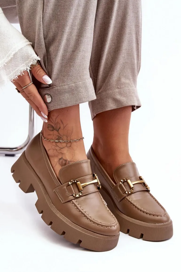 Damskie Półbuty Loafery Z Ozdobą Khaki Peuria