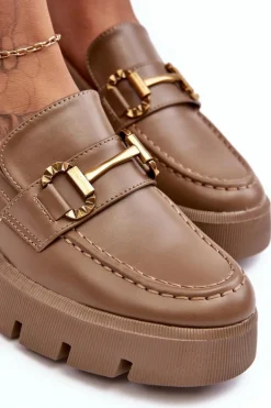 Damskie Półbuty Loafery Z Ozdobą Khaki Peuria