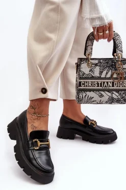 Damskie Półbuty Loafery Z Ozdobą Czarne Peuria