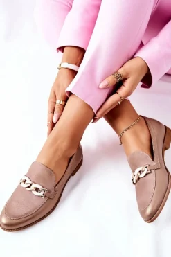 Damskie Półbuty Maciejka Lakierowane Loafery Beżowe 4099B-04