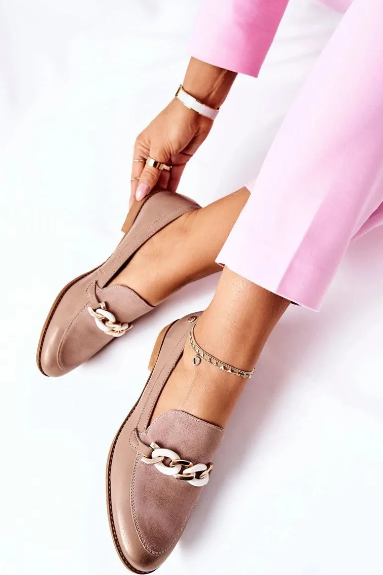 Damskie Półbuty Maciejka Lakierowane Loafery Beżowe 4099B-04