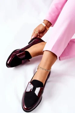 Damskie Półbuty Maciejka Lakierowane Loafery Marmurkowe Bordowe 04099-33