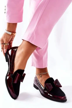 Damskie Półbuty Maciejka Lakierowane Loafery Marmurkowe Bordowe 04099-33