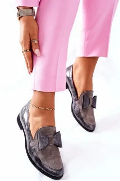 Damskie Półbuty Maciejka Lakierowane Loafery Szare 04099-03/00-1