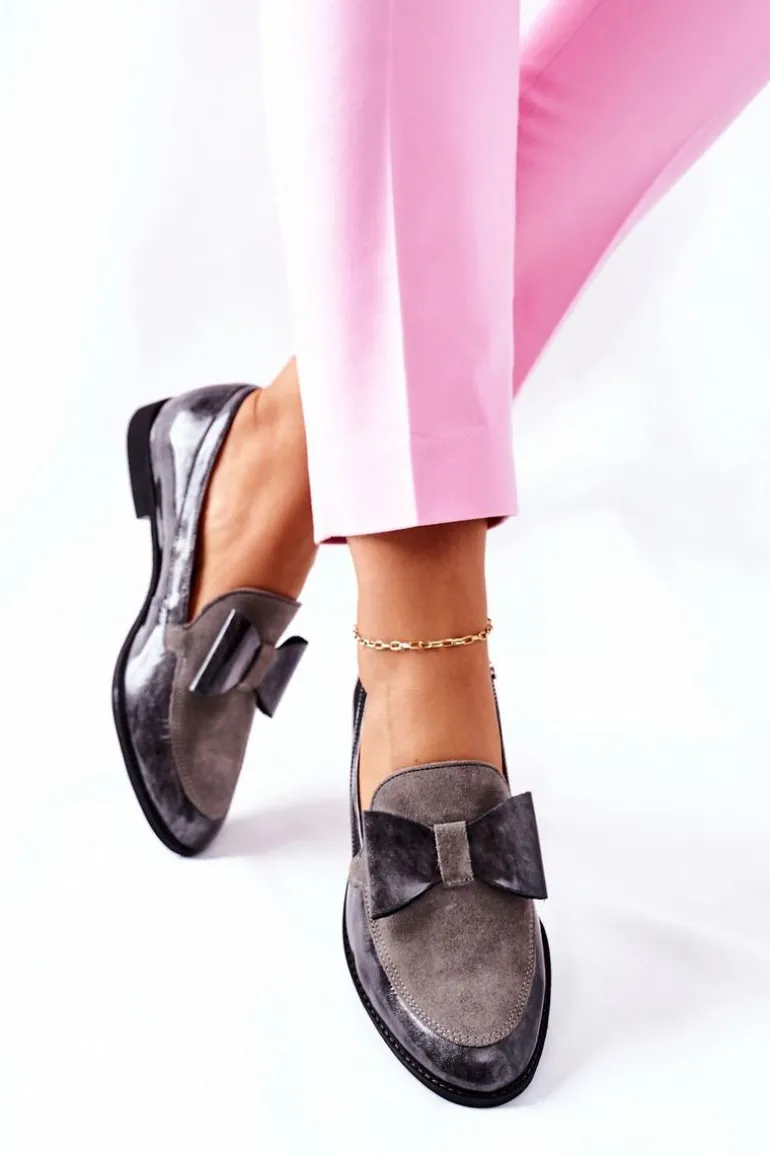 Damskie Półbuty Maciejka Lakierowane Loafery Szare 04099-03/00-1