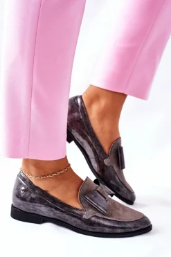 Damskie Półbuty Maciejka Lakierowane Loafery Szare 04099-03/00-1