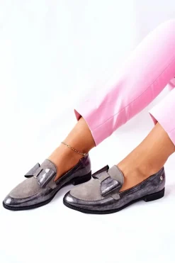 Damskie Półbuty Maciejka Lakierowane Loafery Szare 04099-03/00-1