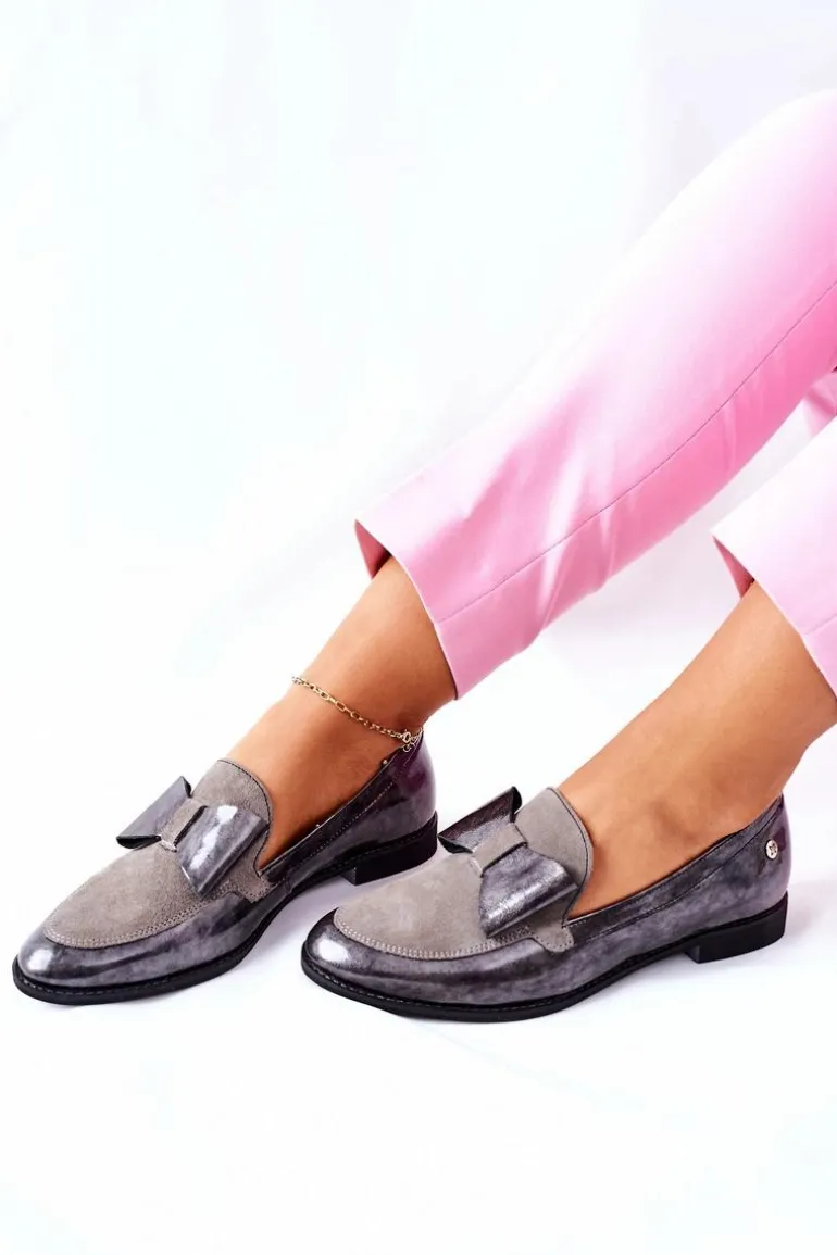 Damskie Półbuty Maciejka Lakierowane Loafery Szare 04099-03/00-1